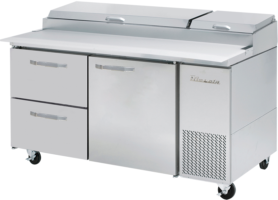 Pizza Prep Table Drawer Model - 2 Drawers 1 Door (R) All Stainless Pizza Prep Table, 67"W, 20.2 Cu./Ft. - (9) 1/3 Pans - By Others, R-290 Refrigerant, Blue Air-FSE