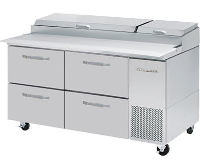 Pizza Prep Table Drawer Model - 4 Drawers All Stainless Pizza Prep Table, 67"W, 20.2 Cu./Ft. - (9) 1/3 Pans - By Others, R-290 Refrigerant, Blue Air-FSE