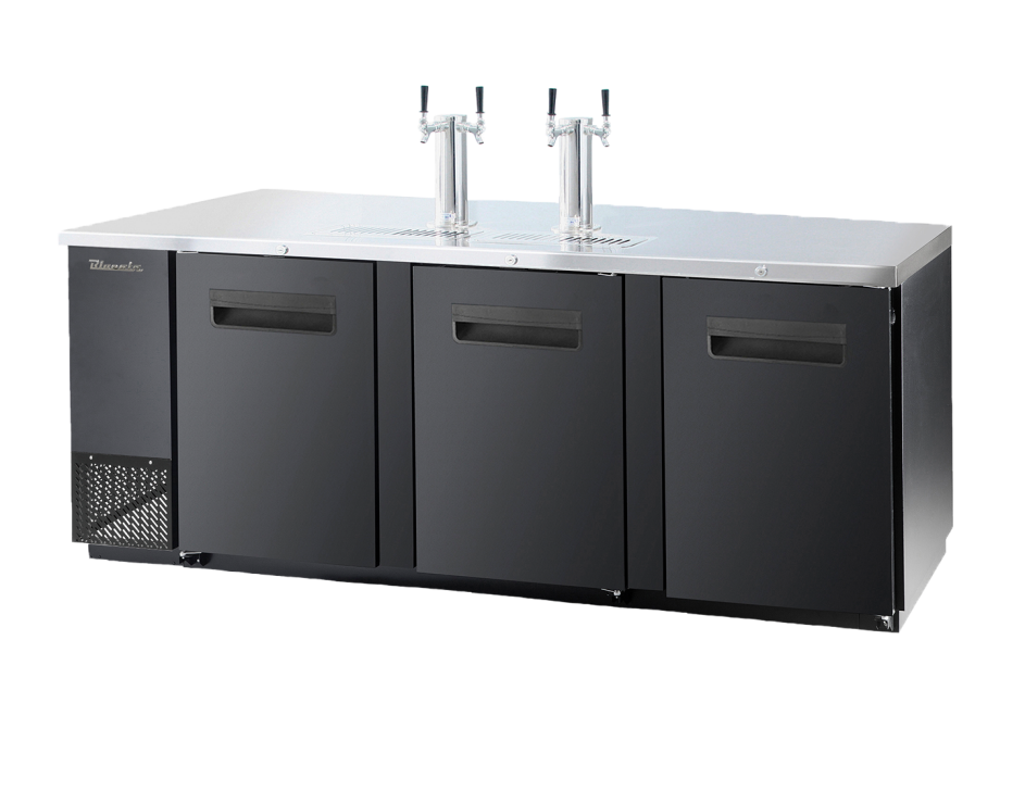 Keg Cooler - 3 Doors Keg Cooler, Black Finish Exterior, (4) 1/2 Barrels Capacity, 90"W x 27"D, R-290 Refrigerant, Blue Air-FSE