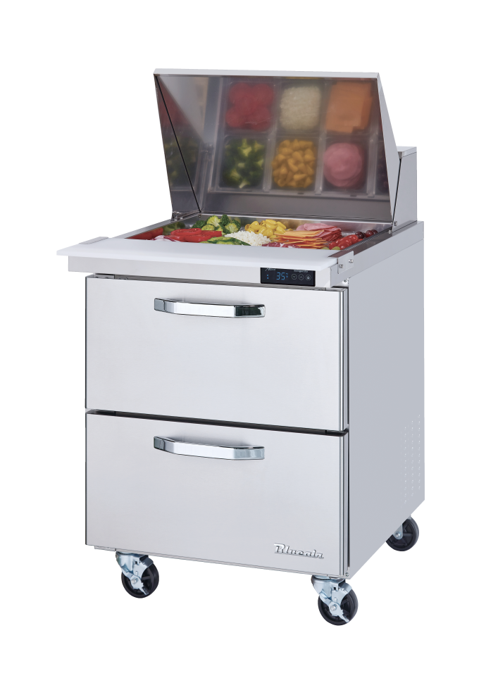 Mega Top Drawer Model - 2 Drawers All Stainless Prep Table with (9) 1/6 & (3) 1/9 Pans - 28"W, 7 Cu./Ft., R-290 Refrigerant, Blue Air-FSE