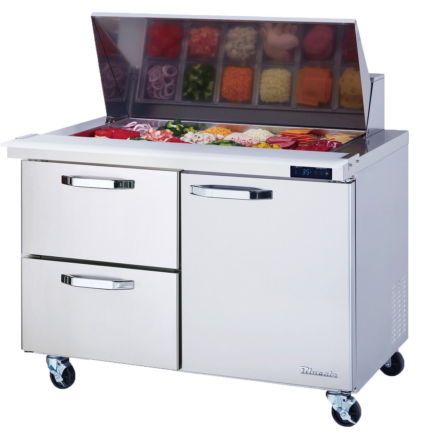 Mega Top Drawer Model - 2 Drawers 1 Door (R) All Stainless Prep Table with (18) 1/6 Pans - 48"W, 13 Cu./Ft., R-290 Refrigerant, Blue Air-FSE