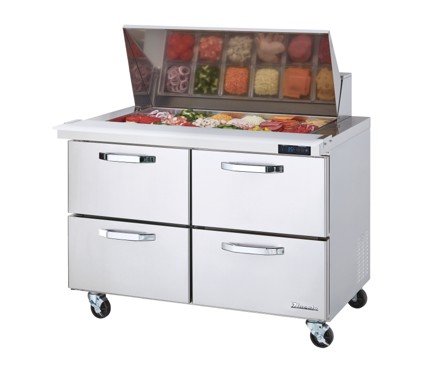 Mega Top Drawer Model - 4 Drawers All Stainless Prep Table with (18) 1/6 Pans - 48"W, 13 Cu./Ft., R-290 Refrigerant, Blue Air-FSE