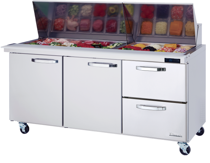 Mega Top Drawer Model - 2 Drawers 2 Doors (L, M) All Stainless Prep Table with (30) 1/6 Pans - 72"W, 20 Cu./Ft., R-290 Refrigerant, Blue Air-FSE