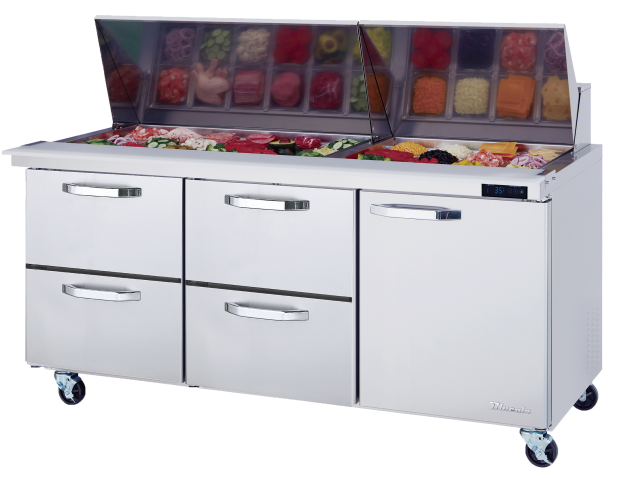 Mega Top Drawer Model - 4 Drawers 1 Door (R) All Stainless Prep Table with (30) 1/6 Pans - 72"W, 20 Cu./Ft., R-290 Refrigerant, Blue Air-FSE