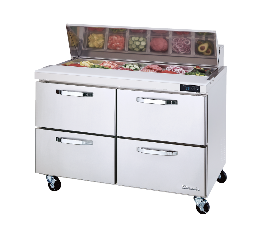 Prep Table Drawer Model - 4 Drawers All Stainless Prep Table with (12) 1/6 Pans - 48"W, 13 Cu./Ft., R-290 Refrigerant, Blue Air-FSE