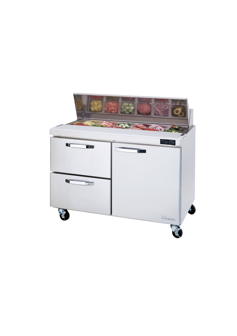 Prep Table Drawer Model - 2 Drawers 1 Door (R) Prep Table with (16) 1/6 Pans - 60"W, 16.5 Cu./Ft., R-290 Refrigerant, Blue Air-FSE
