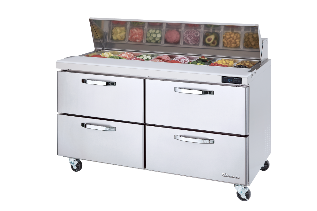 Prep Table Drawer Model - 4 Drawers All Stainless Prep Table with (16) 1/6 Pans - 60"W, 16.5 Cu./Ft., R-290 Refrigerant, Blue Air-FSE