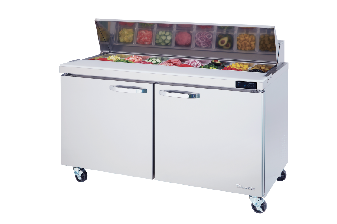 Prep Table - 2 Doors All Stainless Prep Table with (16) 1/6 Pans - 60"W, 16.5 Cu./Ft., R-290 Refrigerant, Blue Air-FSE