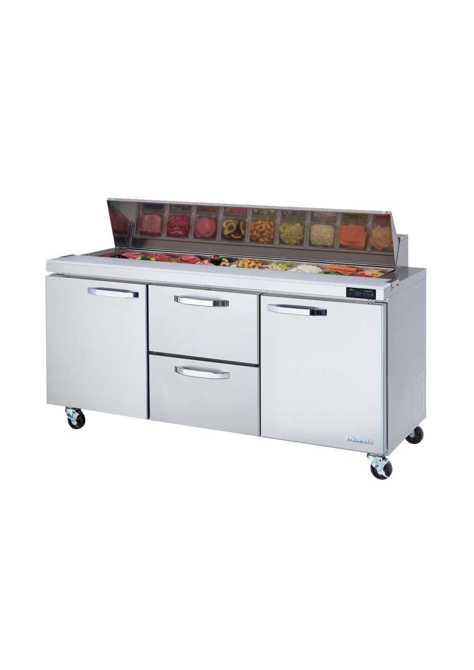 Prep Table Drawer Model - 2 Drawers 2 Doors (L, R) All Stainless Prep Table with (18) 1/6 Pans - 72"W, 20 Cu./Ft., R-290 Refrigerant, Blue Air-FSE