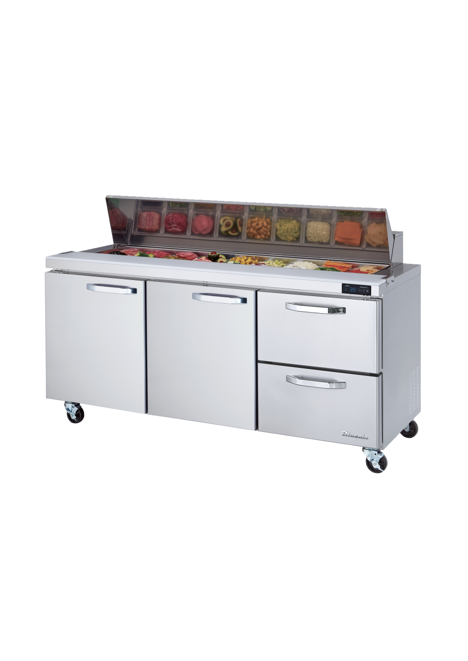 Prep Table Drawer Model - 2 Drawers 2 Doors (L, M) All Stainless Prep Table with (18) 1/6 Pans - 72"W, 20 Cu./Ft., R-290 Refrigerant, Blue Air-FSE