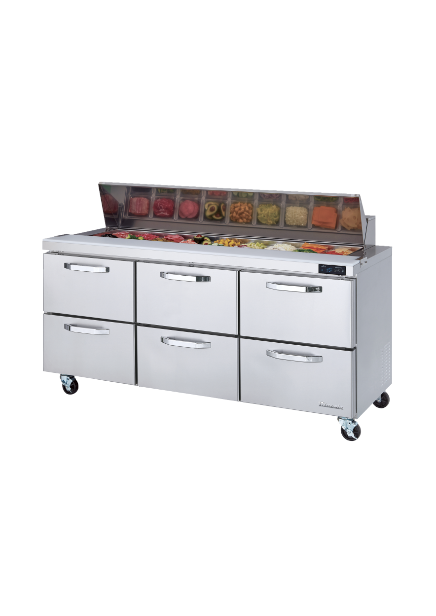 Prep Table Drawer Model - 6 Drawers All Stainless Prep Table with (30) 1/6 Pans - 72"W, 20 Cu./Ft., R-290 Refrigerant, Blue Air-FSE