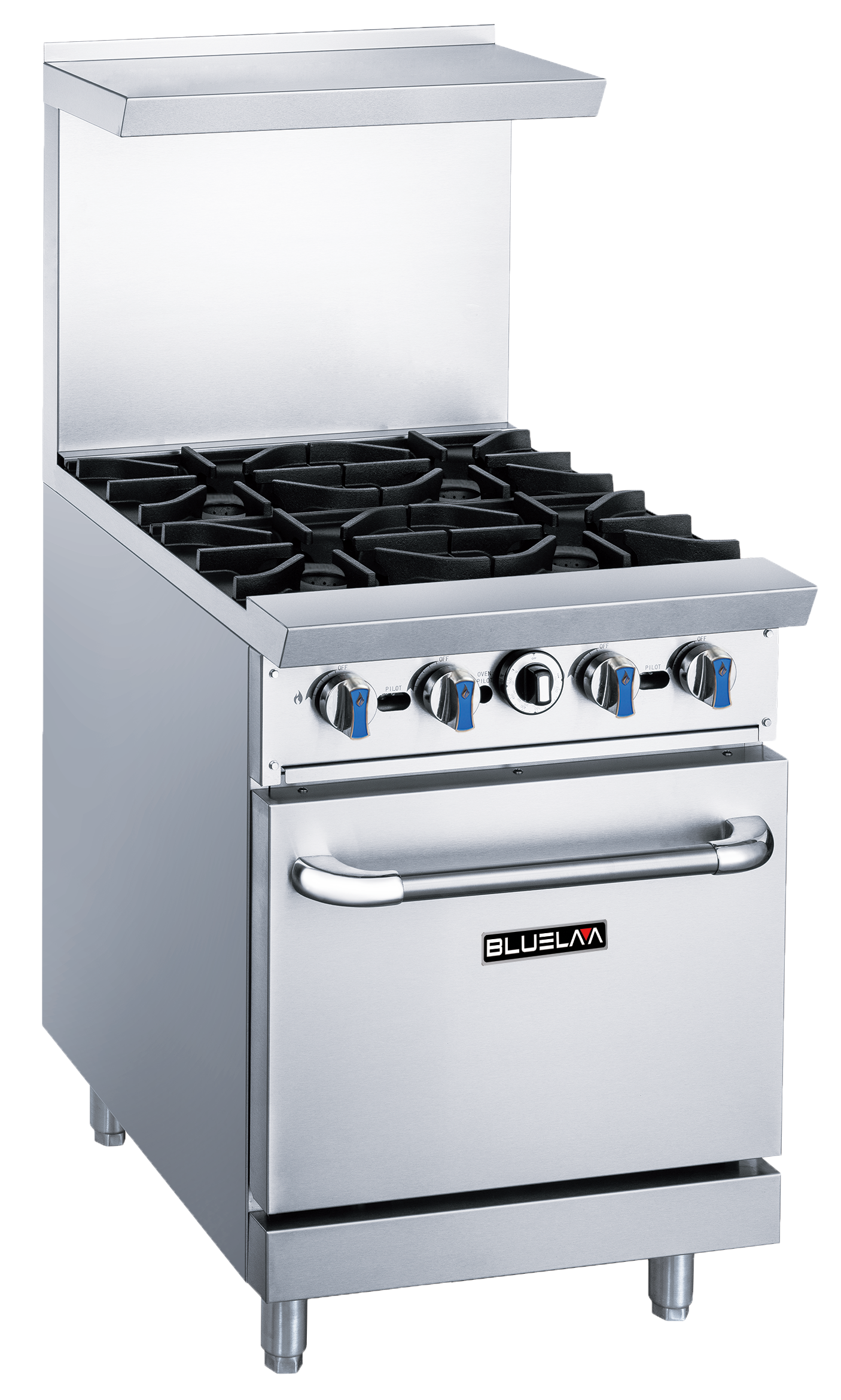 Range - Heavy Duty, (4) Open Burners, Gas (24"W x 31-1/2"D x 56"H), Hot Plate (120,000 BTU - LPG / 132,000 BTU - NG), Oven (30,000 BTU)/H, Blue Air-FSE