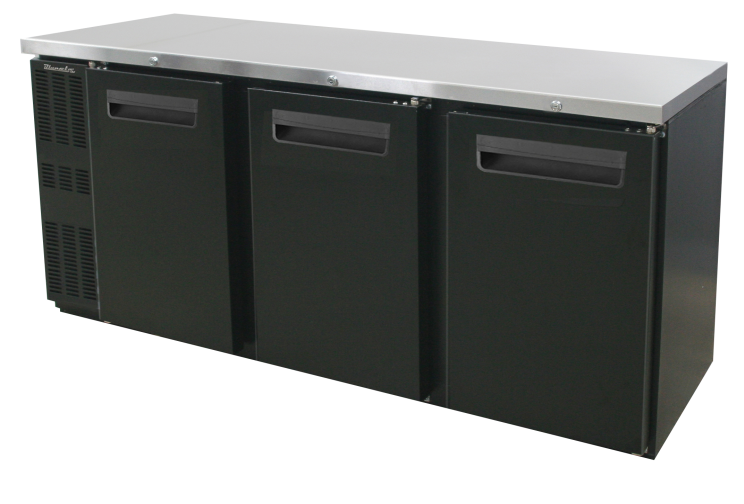 Narrow Back Bar - 3 Doors Narrow Back Bar Cooler, Black Finish Exterior, 72-1/4"W x 24"D, R-290 Refrigerant, Blue Air-FSE