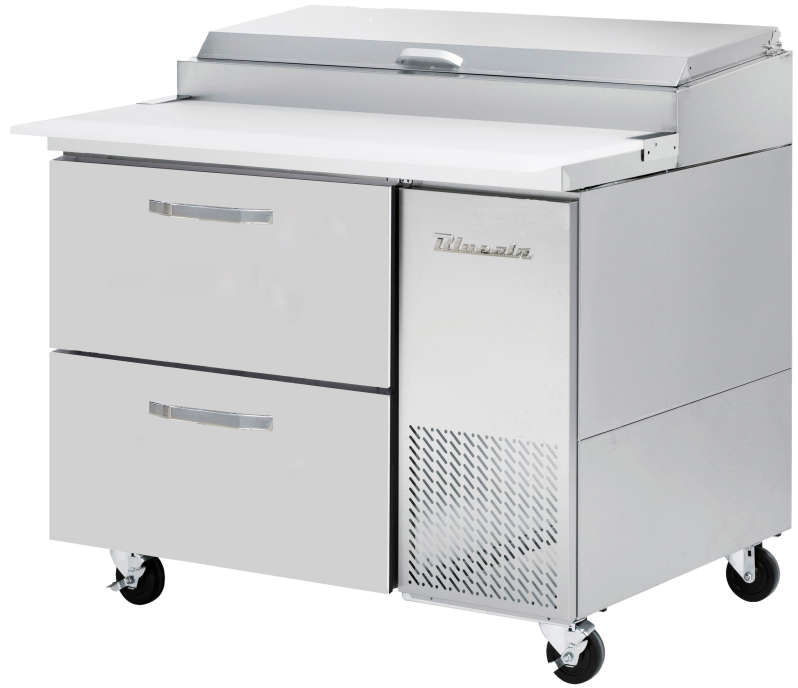 Pizza Prep Table Drawer Model - 2 Drawers All Stainless Pizza Prep Table, 44-1/2"W, 11.3 Cu./Ft. - (6) 1/3 Pans - By Others, R-290 Refrigerant, Blue Air-FSE