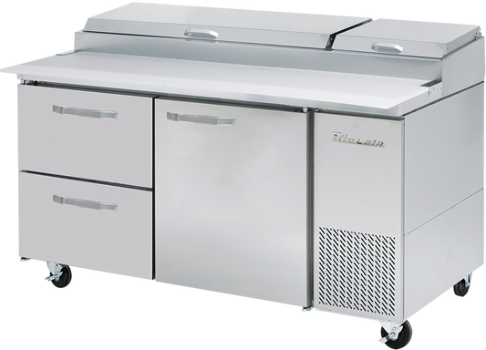 Pizza Prep Table Drawer Model - 2 Drawers 1 Door (R) All Stainless Pizza Prep Table, 67"W, 20.2 Cu./Ft. - (9) 1/3 Pans - By Others, R-290 Refrigerant, Blue Air-FSE