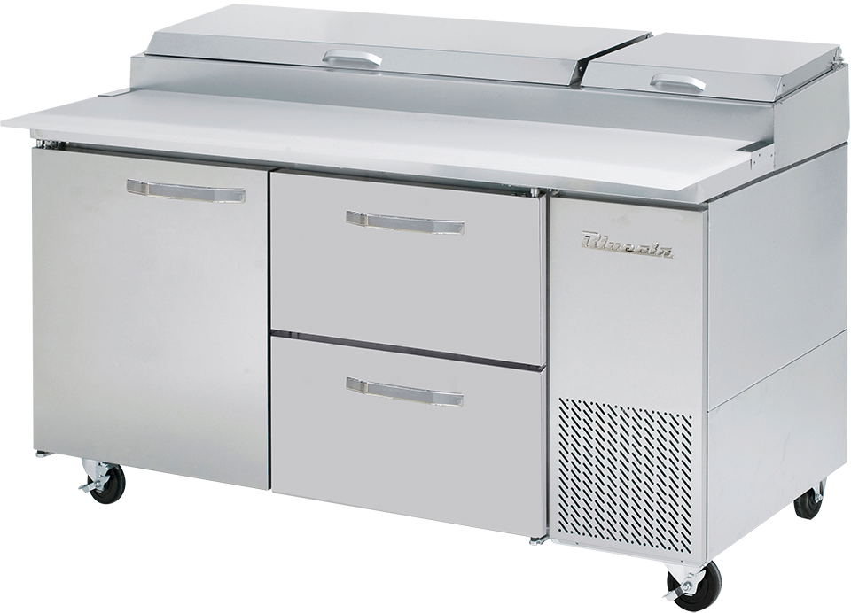 Pizza Prep Table Drawer Model - 2 Drawers 1 Door (L) All Stainless Pizza Prep Table, 67"W, 20.2 Cu./Ft. - (9) 1/3 Pans - By Others, R-290 Refrigerant, Blue Air-FSE