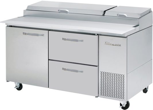 Pizza Prep Table Drawer Model - 2 Drawers 1 Door (L) All Stainless Pizza Prep Table, 67"W, 20.2 Cu./Ft. - (9) 1/3 Pans - By Others, R-290 Refrigerant, Blue Air-FSE