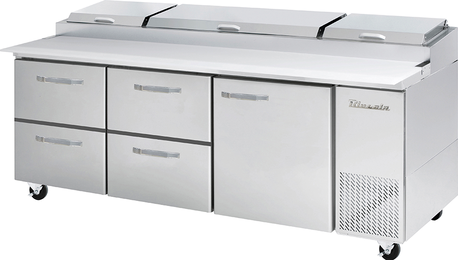 Pizza Prep Table Drawer Model - 4 Drawers 1 Doors (R) All Stainless Pizza Prep Table, 93-3/8"W, 30.8 Cu./Ft. - (12) 1/3 Pans - By Others, R-290 Refrigerant, Blue Air-FSE