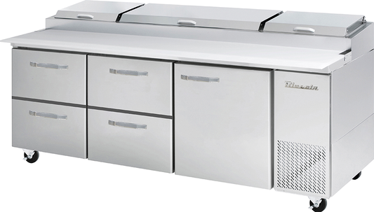 Pizza Prep Table Drawer Model - 4 Drawers 1 Doors (R) All Stainless Pizza Prep Table, 93-3/8"W, 30.8 Cu./Ft. - (12) 1/3 Pans - By Others, R-290 Refrigerant, Blue Air-FSE