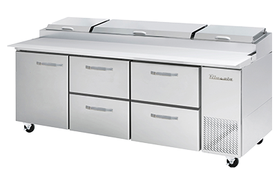 Pizza Prep Table Drawer Model - 4 Drawers 1 Door (L) All Stainless Pizza Prep Table, 93-3/8"W, 30.8 Cu./Ft. - (12) 1/3 Pans - By Others, R-290 Refrigerant, Blue Air-FSE