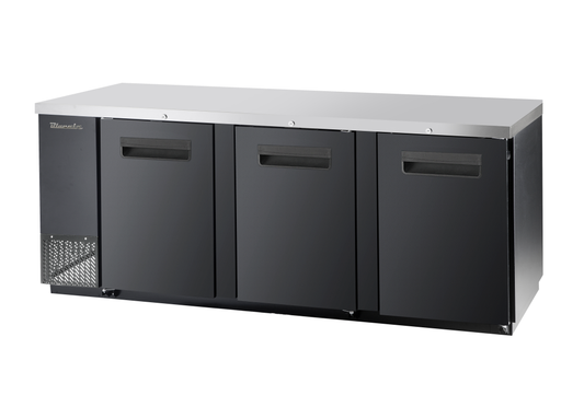 Back Bar - 3 Doors Back Bar Cooler, Black Finish Exterior, 90"W x 27"D, R-290 Refrigerant, Blue Air-FSE
