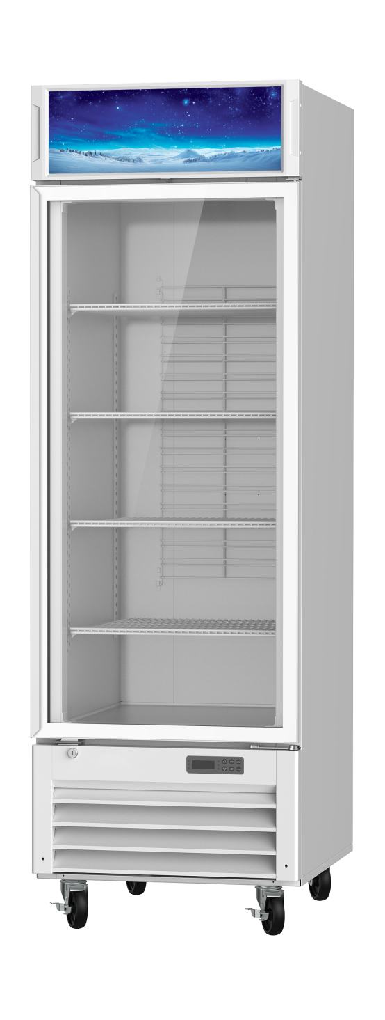 Korean-Made - Glass Door Merchandiser (Freezer), 23 CuFt. 1 Glass Door Freezer (Swing), White, Blue Air-FSE