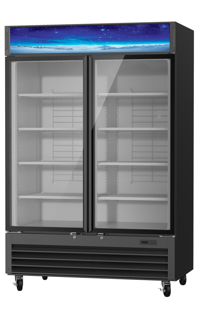 Korean-Made - Glass Door Merchandiser (Freezer), 49 CuFt. 2 Glass Door Freezer (Swing), Black, Blue Air-FSE