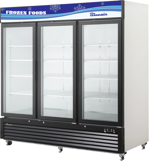 Glass Door Merchandiser - 72 Cu./Ft. 3 Glass Doors Freezer (Swing), R-290 Refrigerant, New Logo, Blue Air-FSE