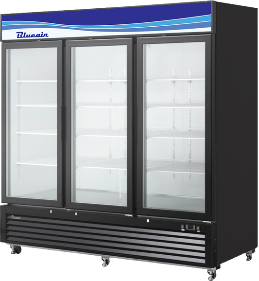 Glass Door Merchandiser - 72 Cu./Ft. 3 Glass Doors Freezer (Swing), Black Exterior, R-290 Refrigerant, New Logo, Blue Air-FSE