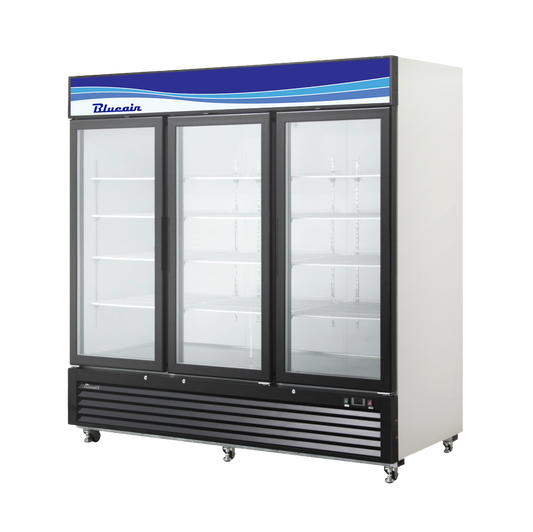 Glass Door Merchandiser - 72 Cu./Ft. 3 Glass Doors Refrigerator (Swing), R-290 Refrigerant, New Logo, Blue Air-FSE