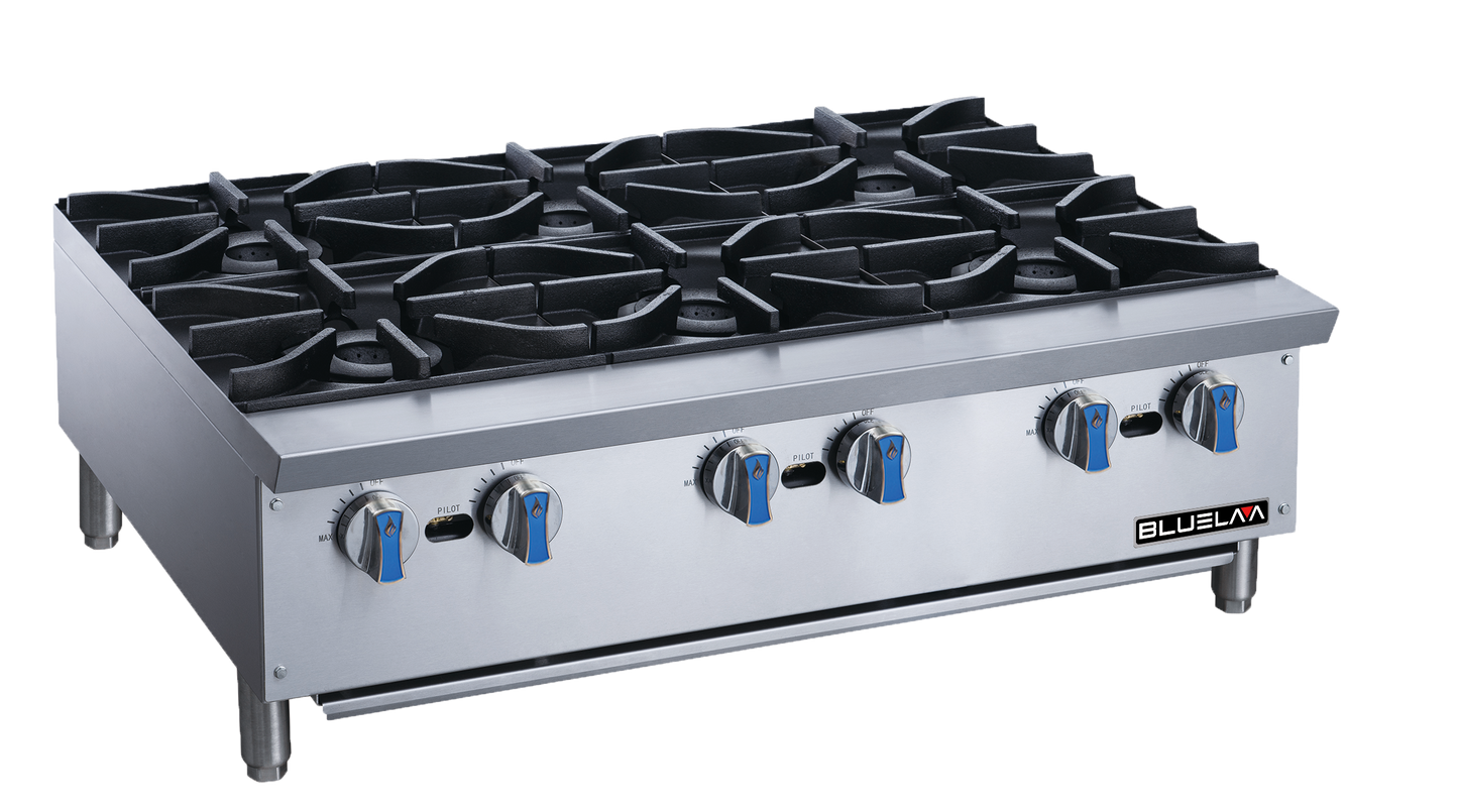 Hot Plate - Countertop, Heavy Duty Stainless Steel construction, Six Lift-Off Burner, Gas (36"W x 28-3/4"D x 13-3/8"H), 168,000 BTU/H, Blue Air-FSE
