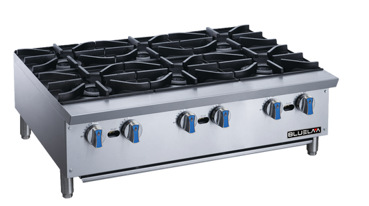 Hot Plate - Countertop, Heavy Duty Stainless Steel construction, Six Lift-Off Burner, Gas (36"W x 28-3/4"D x 13-3/8"H), 168,000 BTU/H, Blue Air-FSE