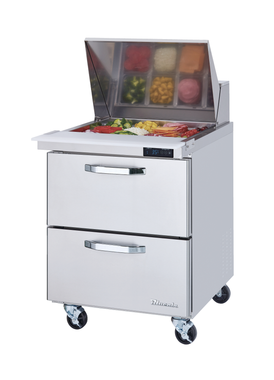 Mega Top Drawer Model - 2 Drawers All Stainless Prep Table with (9) 1/6 & (3) 1/9 Pans - 28"W, 7 Cu./Ft., R-290 Refrigerant, Blue Air-FSE