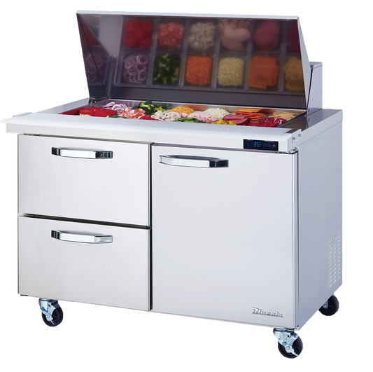 Mega Top Drawer Model - 2 Drawers 1 Door (R) All Stainless Prep Table with (18) 1/6 Pans - 48"W, 13 Cu./Ft., R-290 Refrigerant, Blue Air-FSE