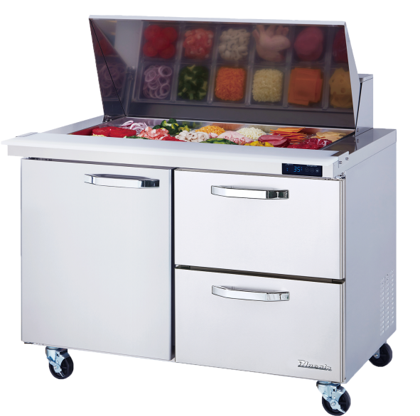 Mega Top Drawer Model - 2 Drawers 1 Door (L) All Stainless Prep Table with (18) 1/6 Pans - 48"W, 13 Cu./Ft., R-290 Refrigerant, Blue Air-FSE