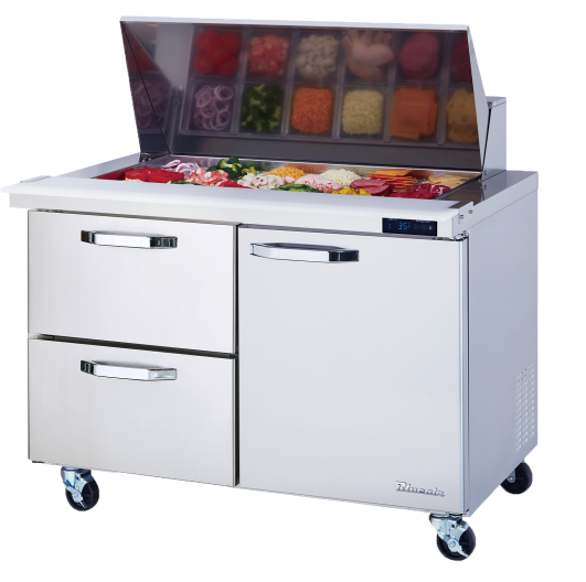 Mega Top Drawer Model - 2 Drawers 1 Door (L) 60" All Stainless Prep Table with (24) 1/6 Pans - 60"W, 16.5 Cu./Ft., R-290 Refrigerant, Blue Air-FSE