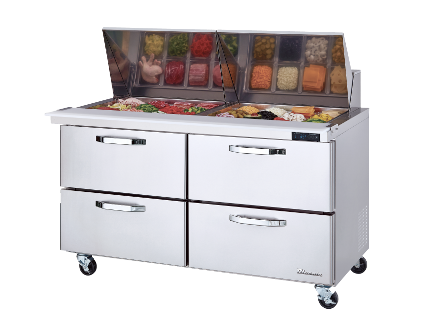 Mega Top Drawer Model - 4 Drawers All Stainless Prep Table with (24) 1/6 Pans - 60"W, 16.5 Cu./Ft., R-290 Refrigerant, Blue Air-FSE