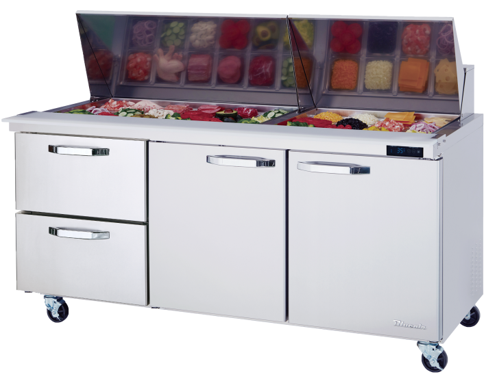 Mega Top Drawer Model - 2 Drawers 2 Doors (M, R) All Stainless Prep Table with (30) 1/6 Pans - 72"W, 20 Cu./Ft., R-290 Refrigerant, Blue Air-FSE