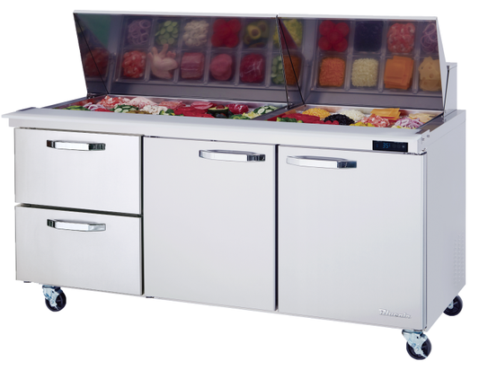 Mega Top Drawer Model - 2 Drawers 2 Doors (M, R) All Stainless Prep Table with (30) 1/6 Pans - 72"W, 20 Cu./Ft., R-290 Refrigerant, Blue Air-FSE
