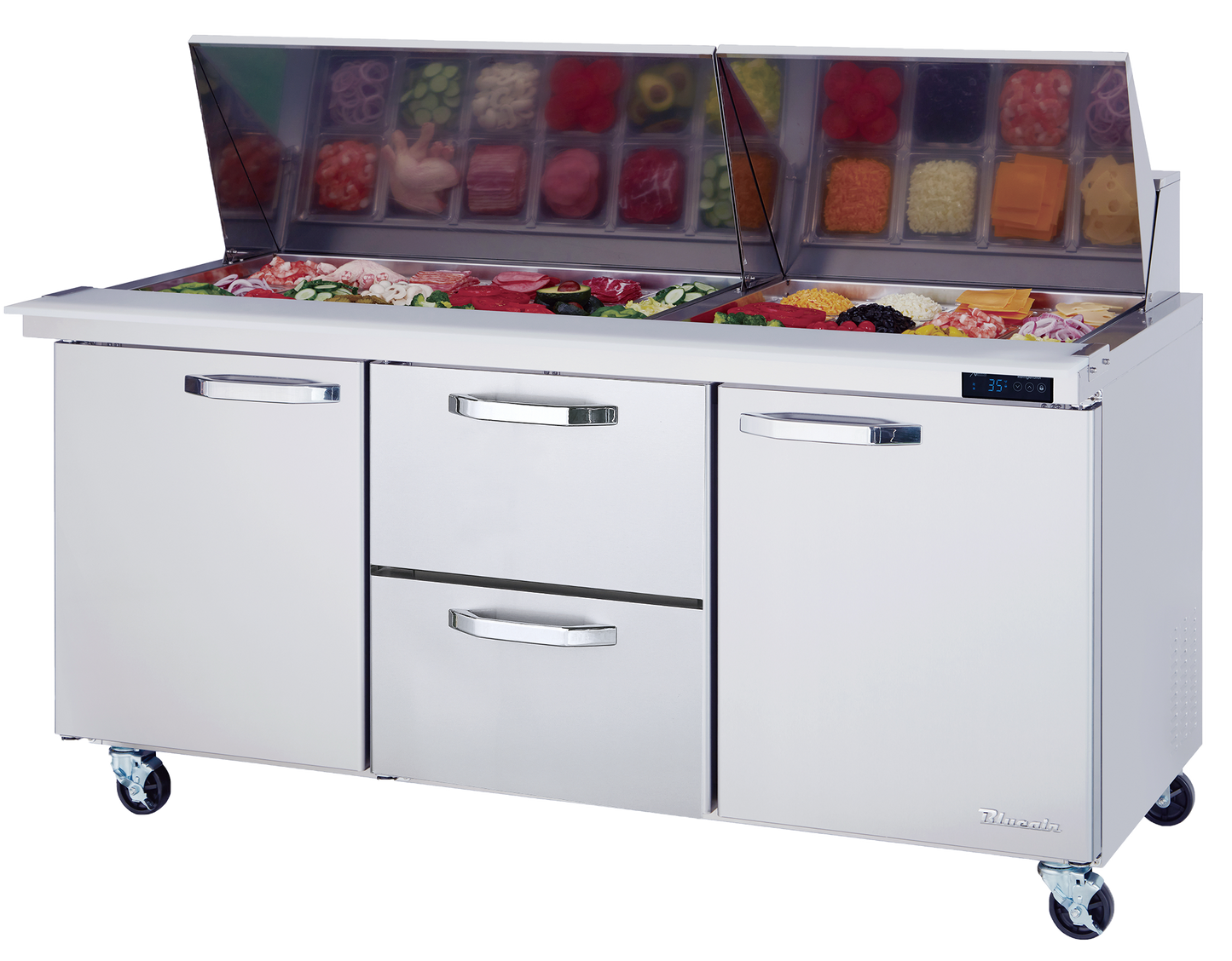 Mega Top Drawer Model - 2 Drawers 2 Doors (L, R) All Stainless Prep Table with (30) 1/6 Pans - 72"W, 20 Cu./Ft., R-290 Refrigerant, Blue Air-FSE