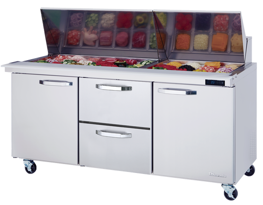 Mega Top Drawer Model - 2 Drawers 2 Doors (L, R) All Stainless Prep Table with (30) 1/6 Pans - 72"W, 20 Cu./Ft., R-290 Refrigerant, Blue Air-FSE