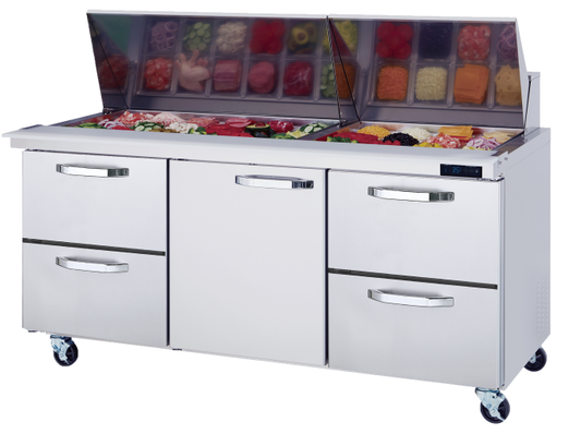 Mega Top Drawer Model - 4 Drawers 1 Door (M) All Stainless Prep Table with (30) 1/6 Pans - 72"W, 20 Cu./Ft., R-290 Refrigerant, Blue Air-FSE