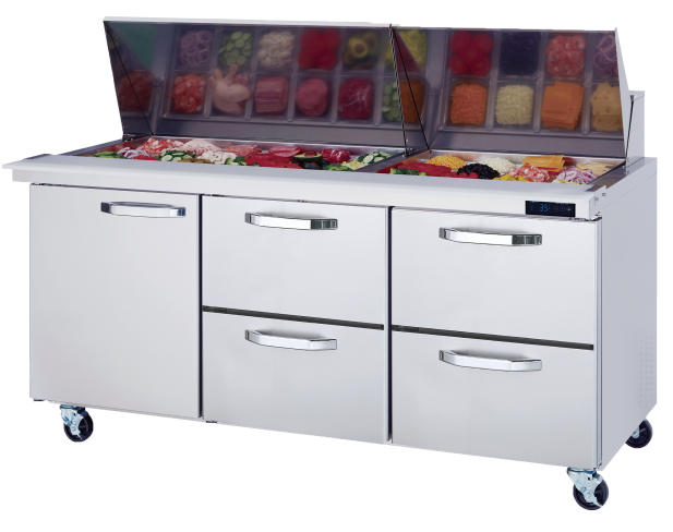 Mega Top Drawer Model - 4 Drawers 1 Door (L) All Stainless Prep Table with (30) 1/6 Pans - 72"W, 20 Cu./Ft., R-290 Refrigerant, Blue Air-FSE