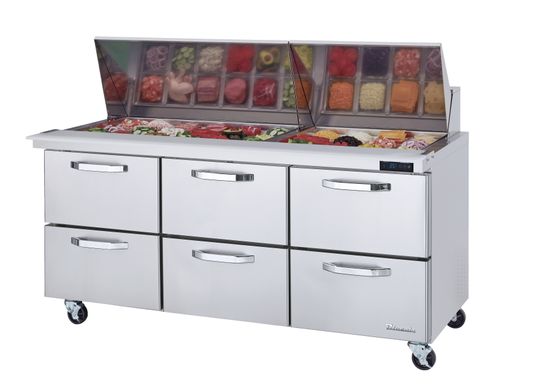 Mega Top Drawer Model - 6 Drawers All Stainless Prep Table with (30) 1/6 Pans - 72"W, 20 Cu./Ft., R-290 Refrigerant, Blue Air-FSE