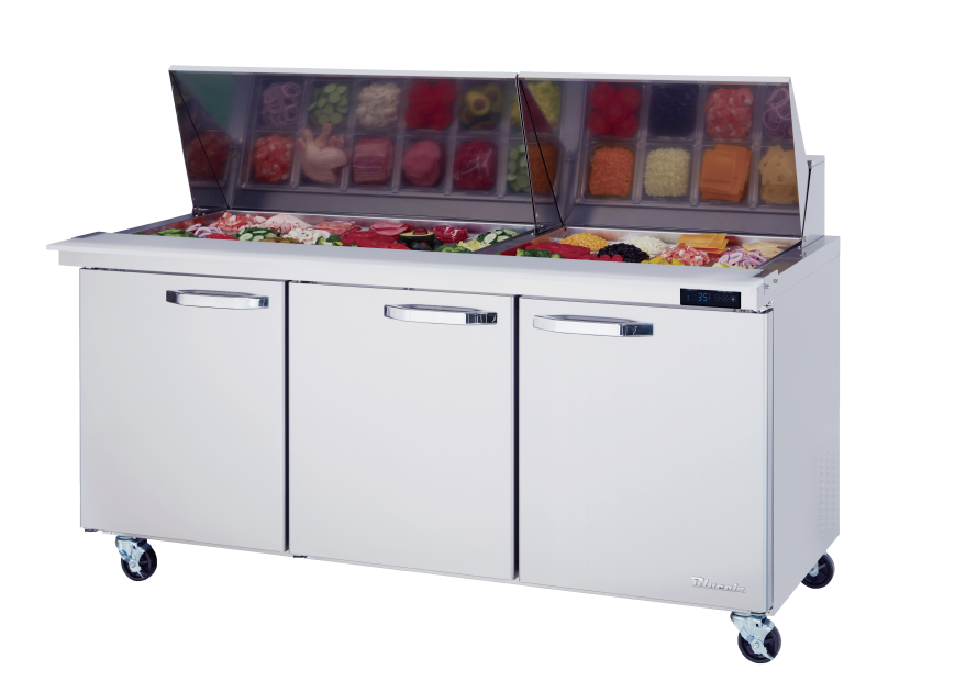 Mega Top - 3 Doors All Stainless Prep Table with (30) 1/6 Pans - 72"W, 20 Cu./Ft., R-290 Refrigerant, Blue Air-FSE