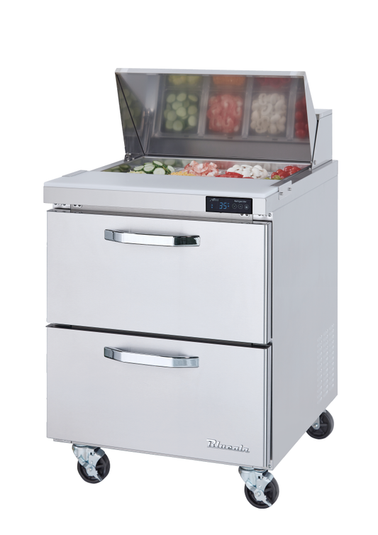 Prep Table Drawer Model - 2 Drawers All Stainless Prep Table with (6) 1/6 & (2) 1/9 Pans - 28"W, 7 Cu./Ft., R-290 Refrigerant, Blue Air-FSE