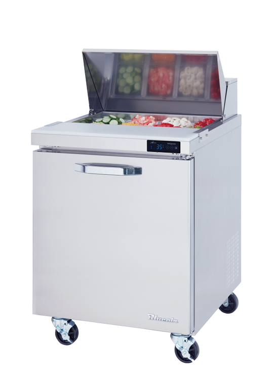 Prep Table - 1 Door All Stainless Prep Table with (6) 1/6 & (2) 1/9 Pans - 28"W, 7 Cu./Ft., R-290 Refrigerant, Blue Air-FSE