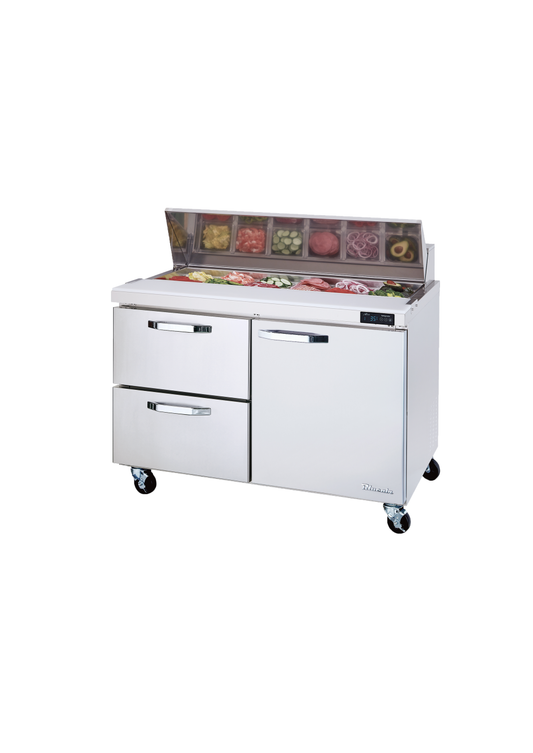 Prep Table Drawer Model - 2 Drawers 1 Door (R) All Stainless Prep Table with (12) 1/6 Pans - 48"W, 13 Cu./Ft., R-290 Refrigerant, Blue Air-FSE