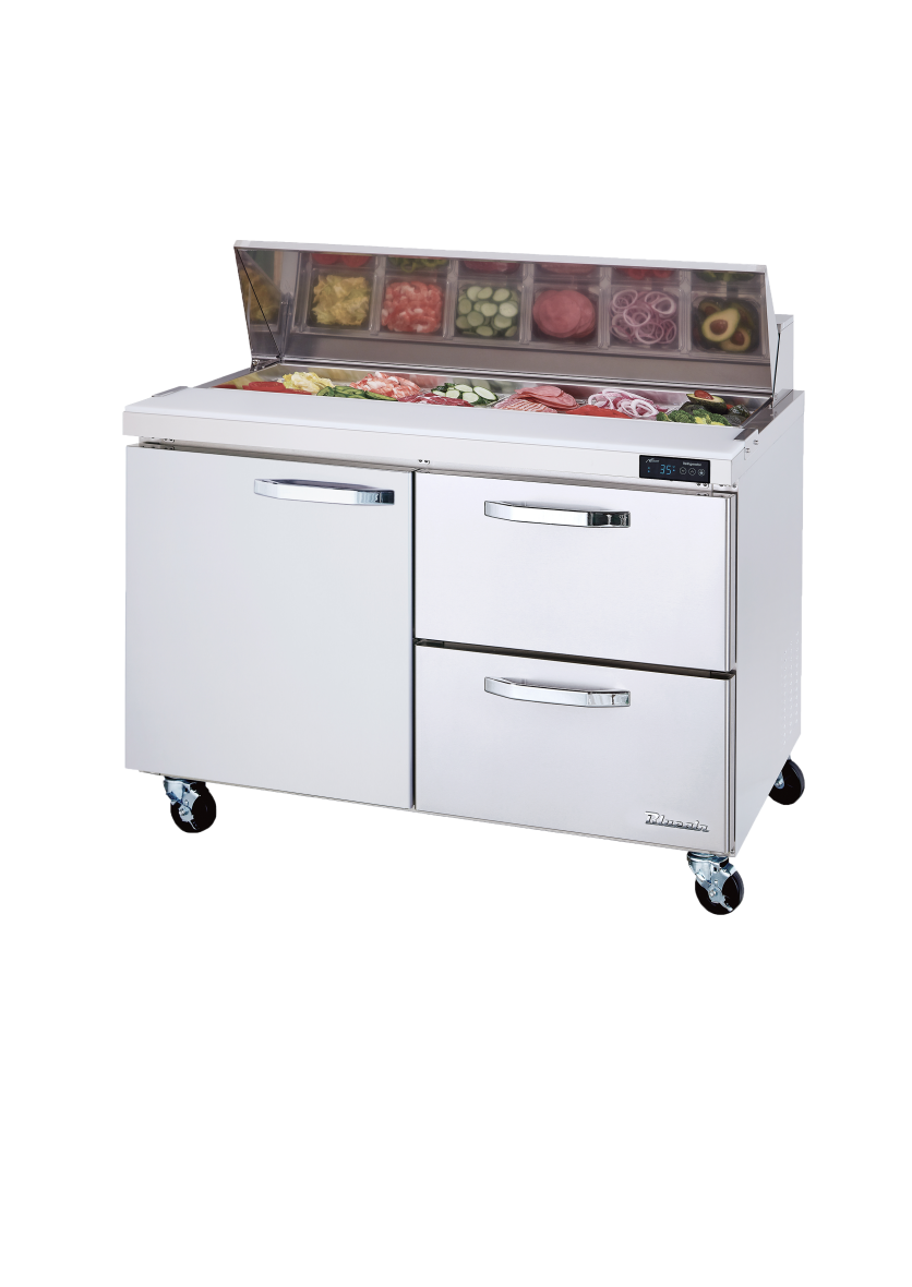 Prep Table Drawer Model - 2 Drawers 1 Door (L) All Stainless Prep Table with (12) 1/6 Pans - 48"W, 13 Cu./Ft., R-290 Refrigerant, Blue Air-FSE