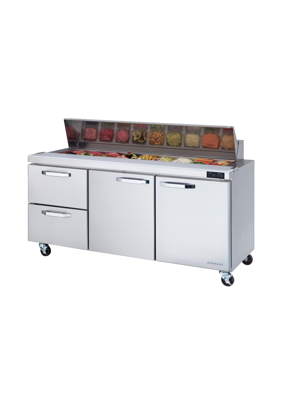 Prep Table Drawer Model - 2 Drawers 2 Doors (M, R) All Stainless Prep Table with (18) 1/6 Pans - 72"W, 20 Cu./Ft., R-290 Refrigerant, Blue Air-FSE